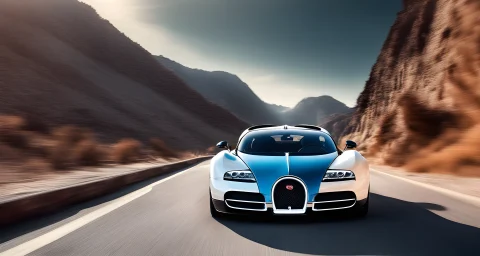The image shows a sleek and luxurious Bugatti car.