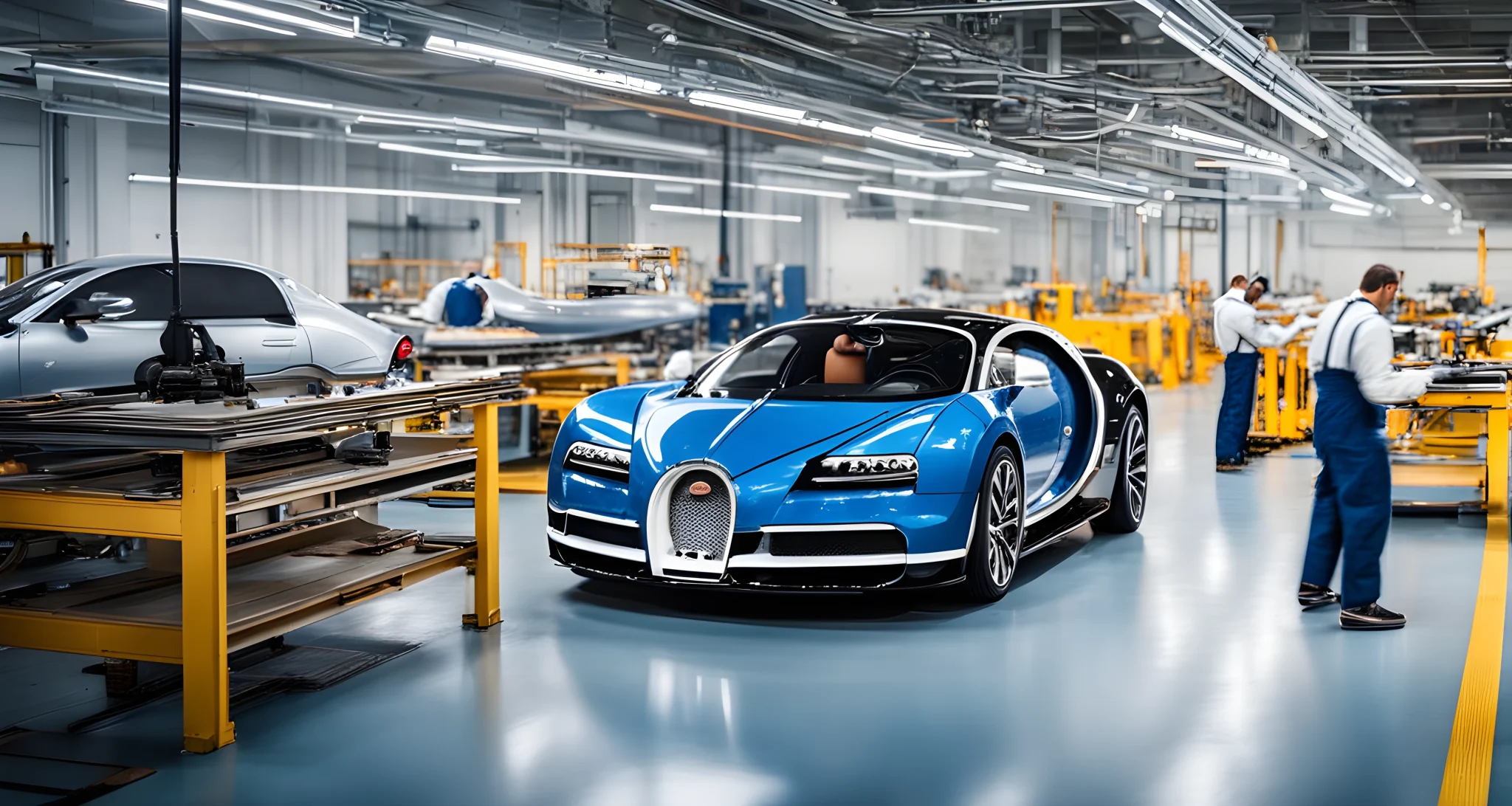 The image shows a sleek and luxurious Bugatti sports car being custom-built on the factory production line.