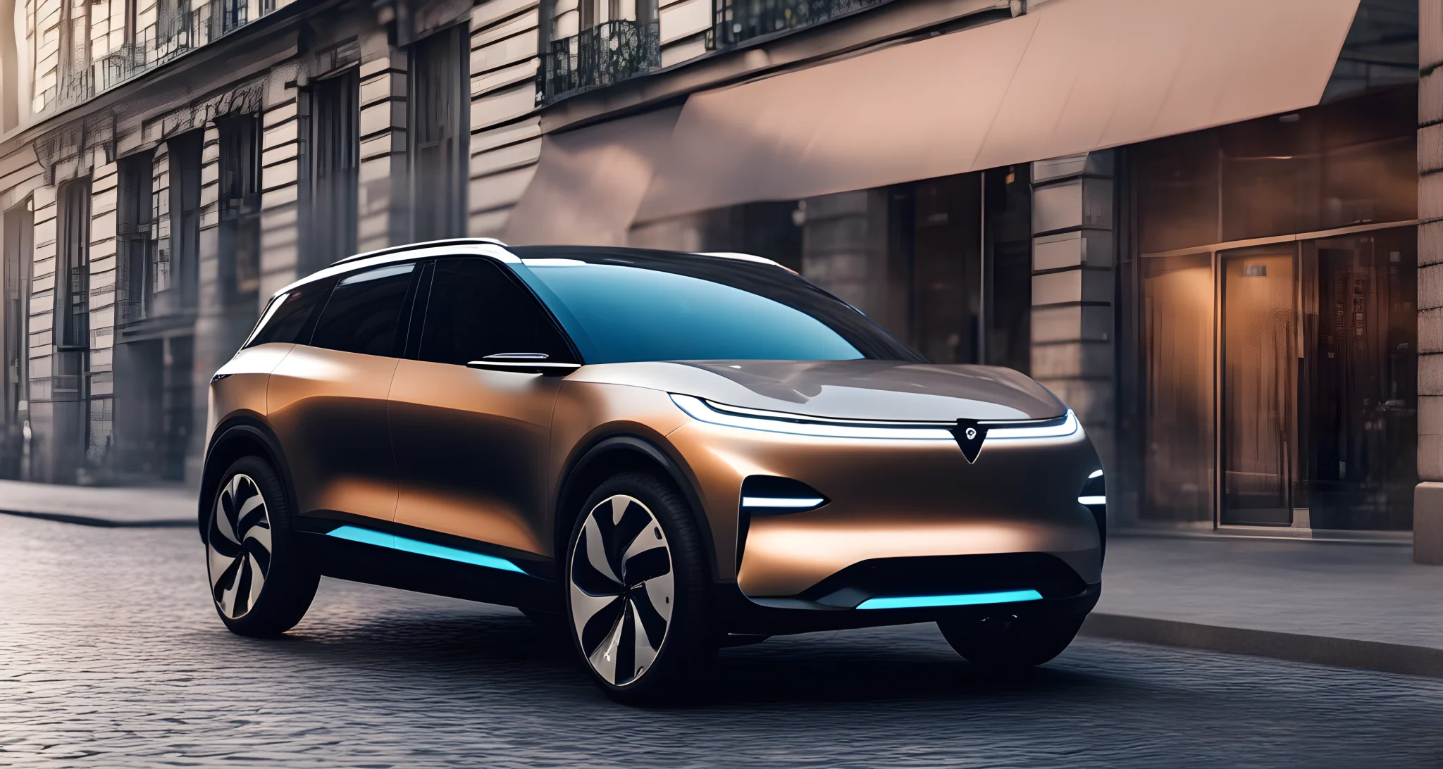 The image shows a sleek and modern electric SUV with a charging port in the front.