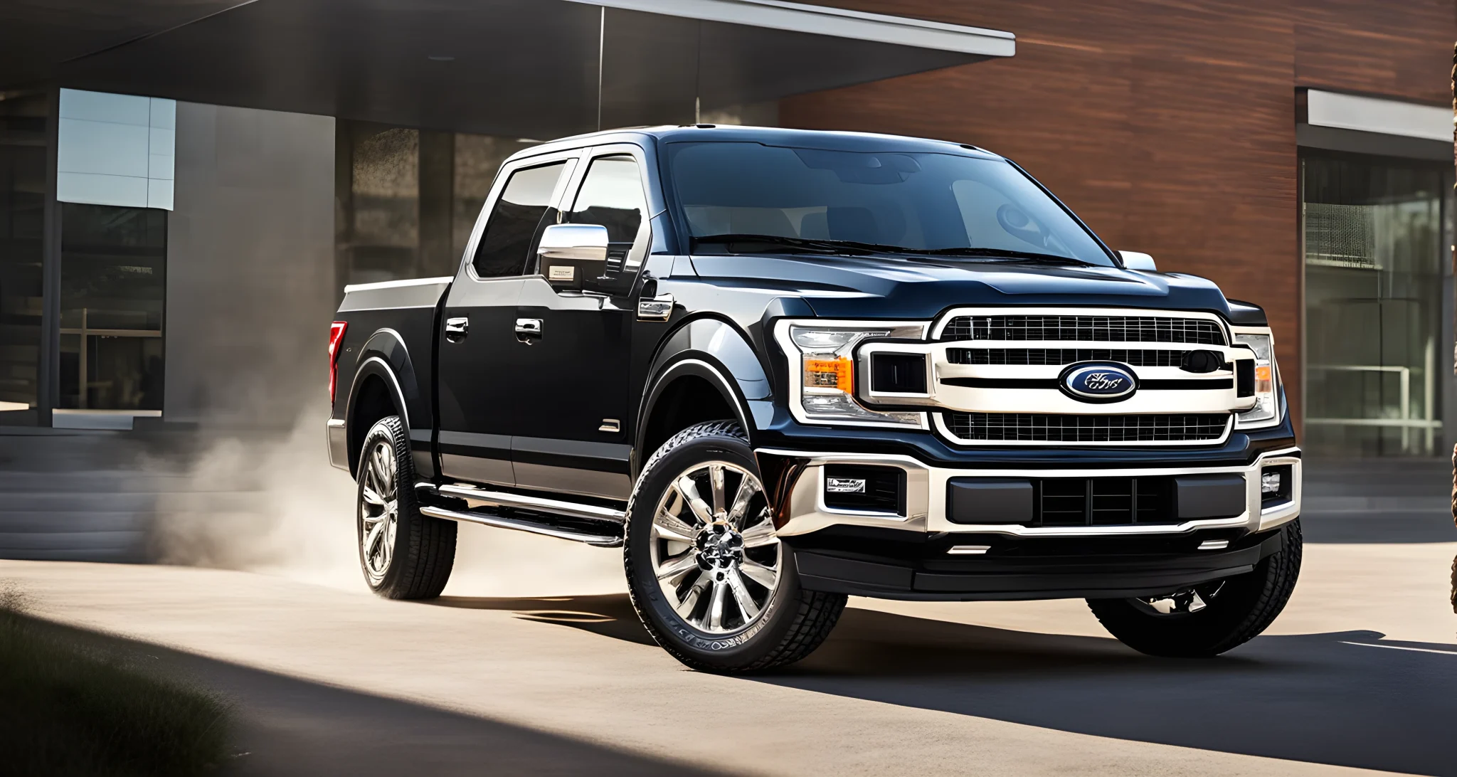 The image shows a sleek and modern Ford F-150 luxury car with advanced features.