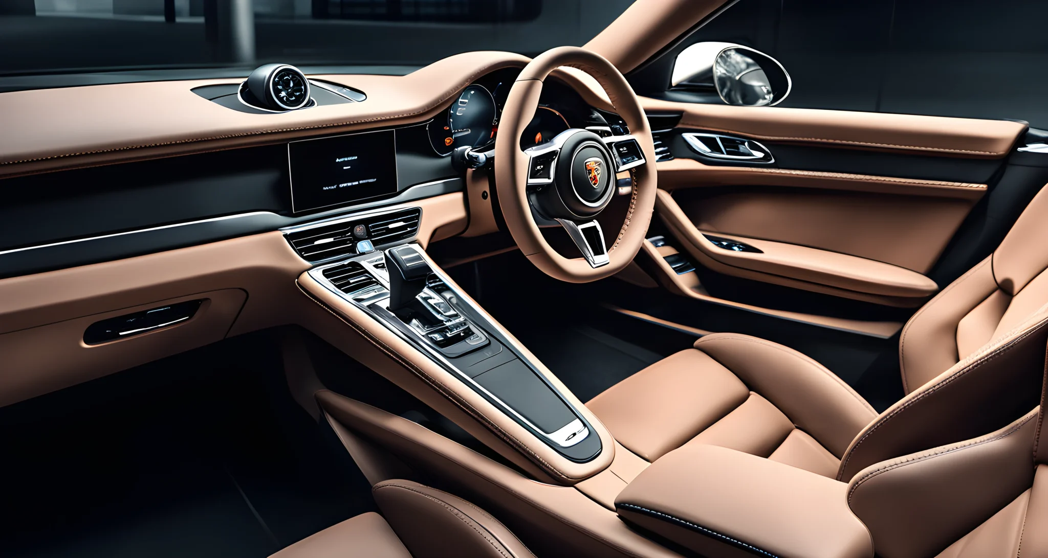 The image shows a sleek and modern Porsche vehicle interior with a large touchscreen display, digital instrument cluster, and advanced driver-assist technology.