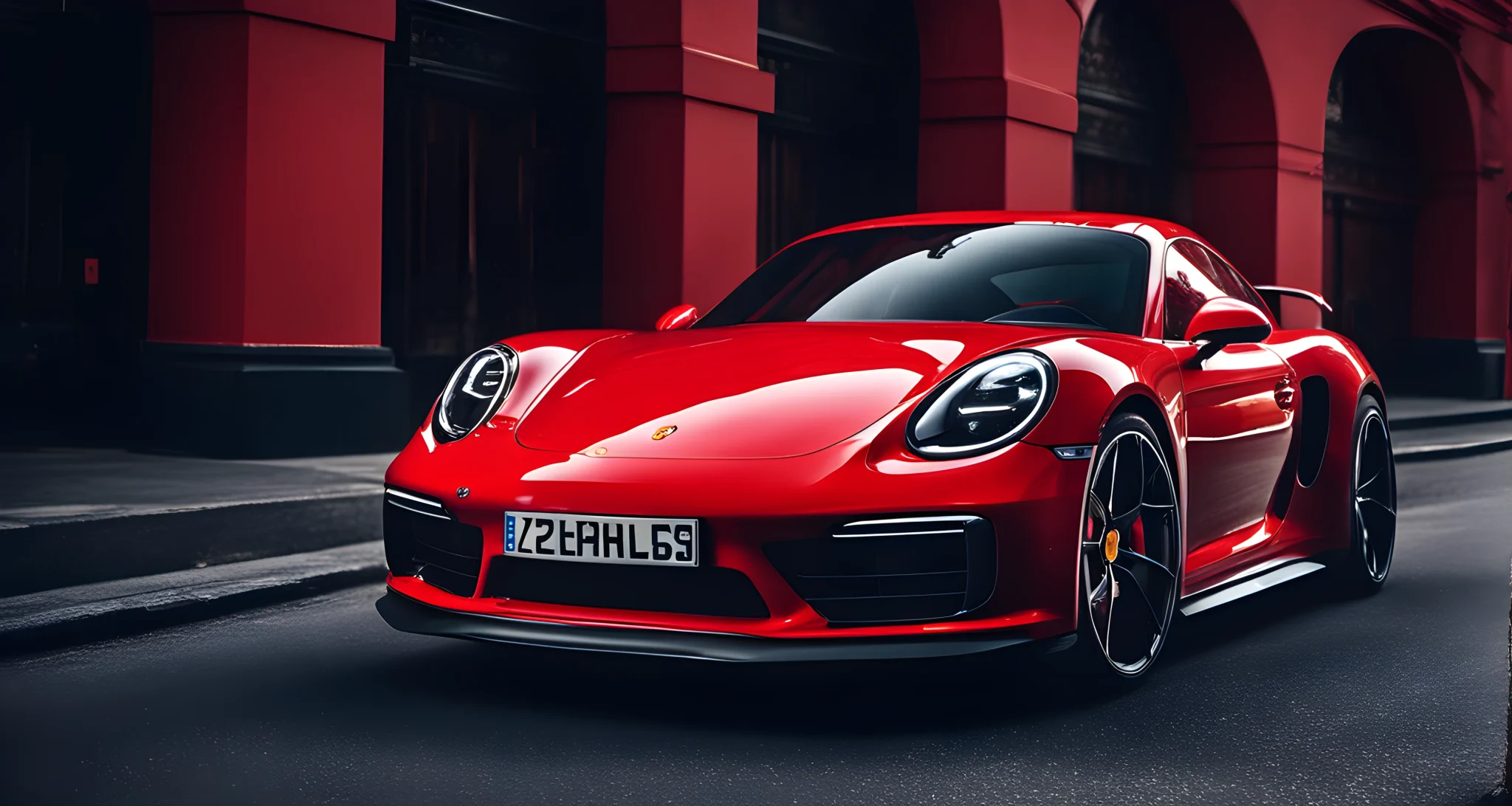 The image shows a sleek and powerful Porsche sports car in a stunning shade of red, with its iconic logo prominently displayed on the front.