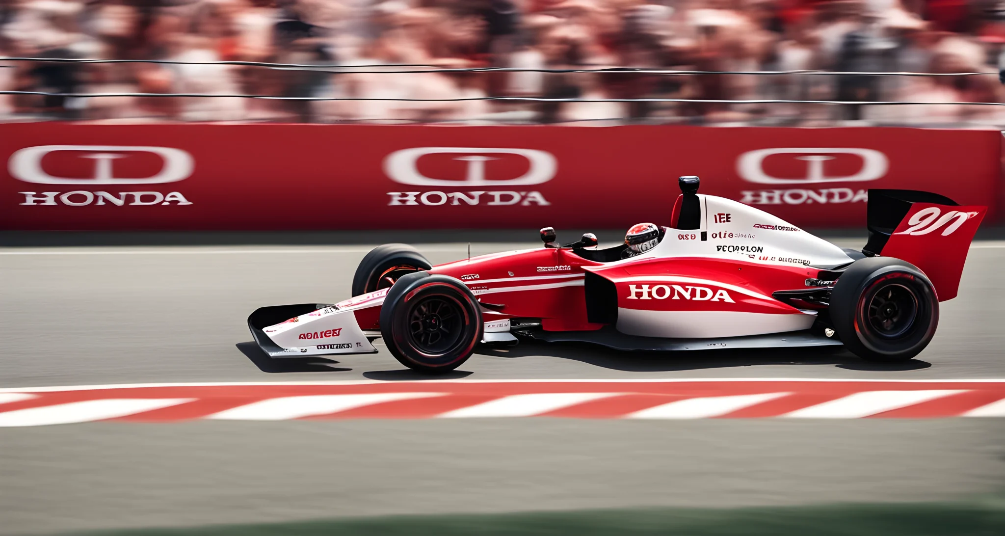 The image shows a sleek and powerful red and white Honda race car speeding around a sharp turn on a racetrack. A crowd of spectators can be seen in the background, cheering on the team.