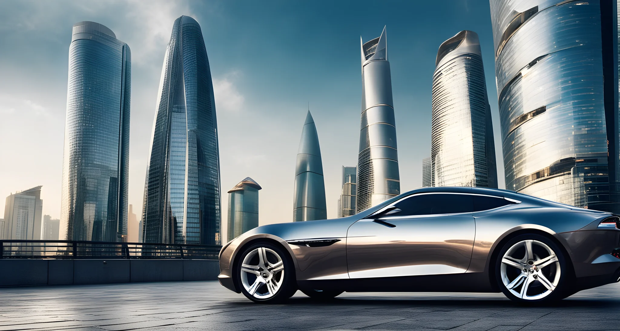 The image shows a sleek and shiny luxury sports car parked in front of a modern skyscraper in a bustling city in China.