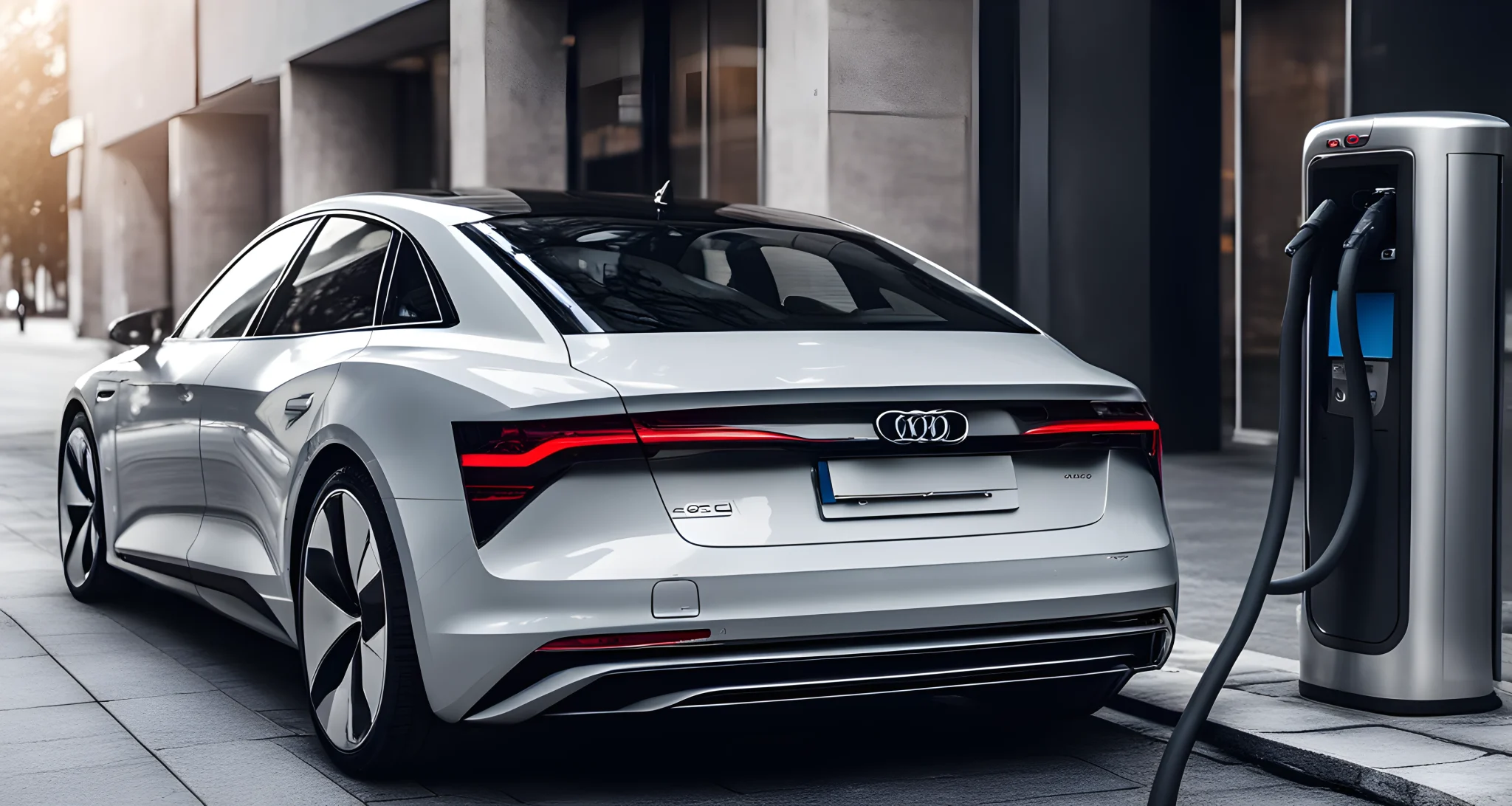 The image shows a sleek Audi electric car parked next to a charging station.