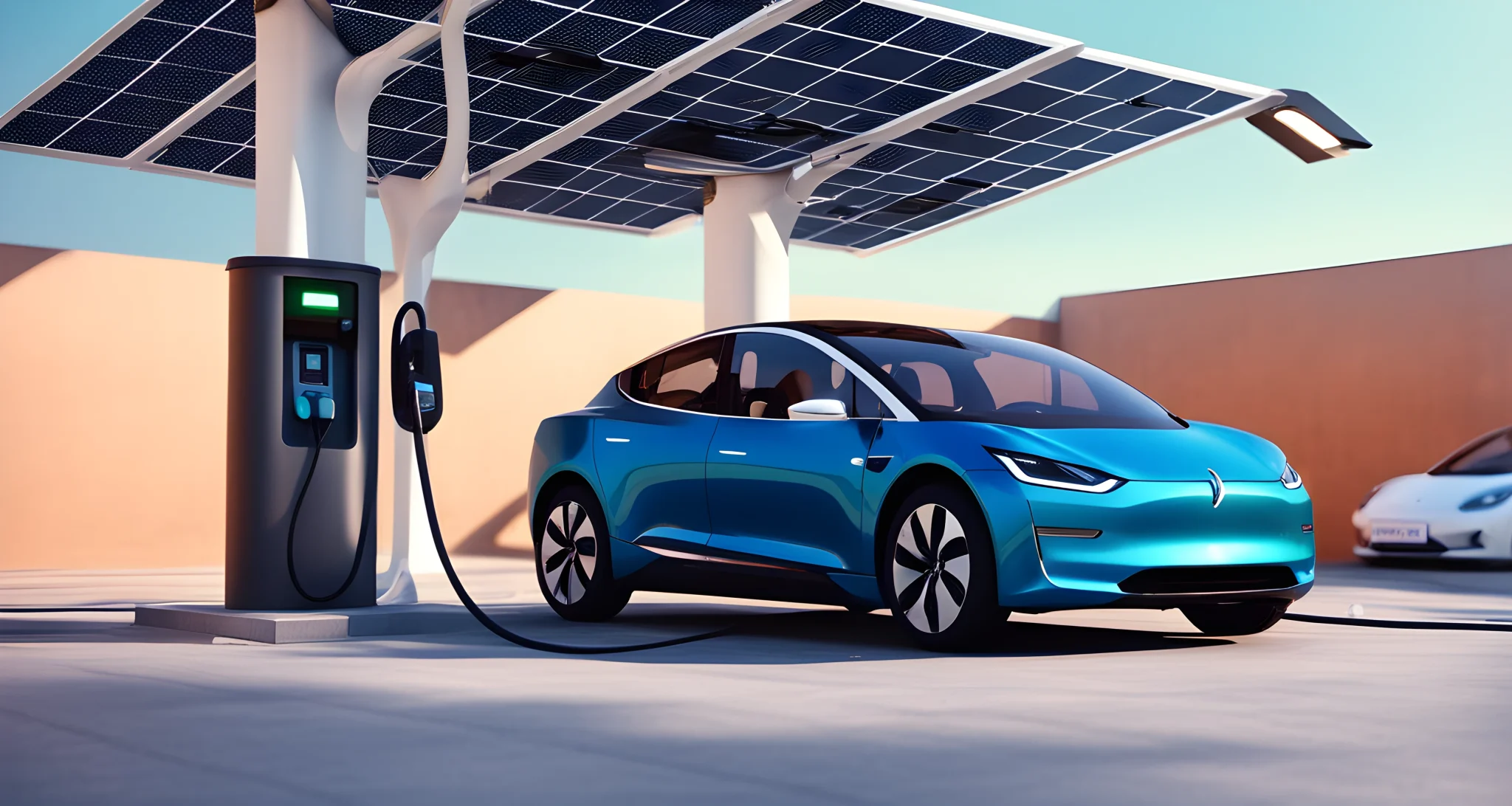 The image shows a sleek electric car charging at a charging station, with solar panels in the background.