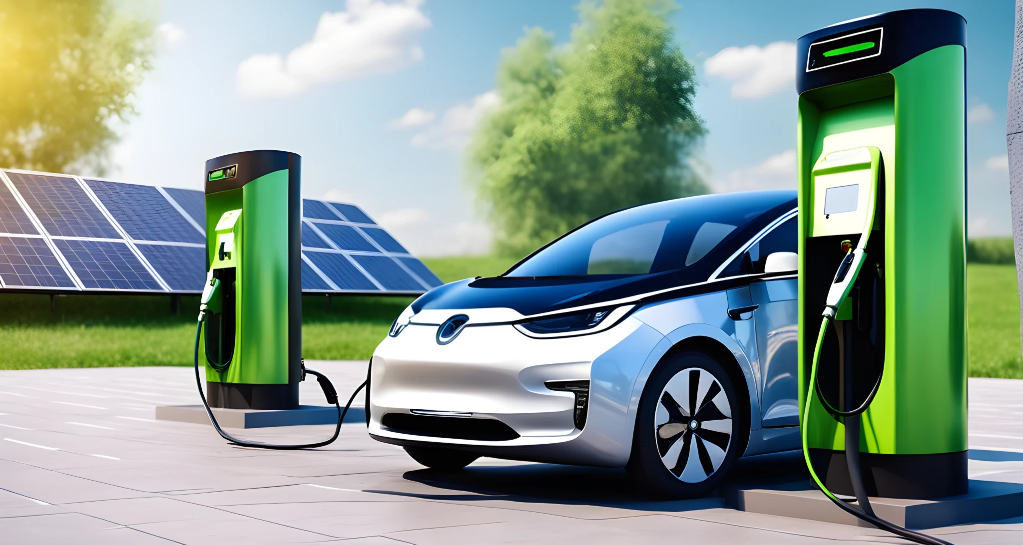 The image shows a sleek electric car charging at a modern charging station, with solar panels providing renewable energy.