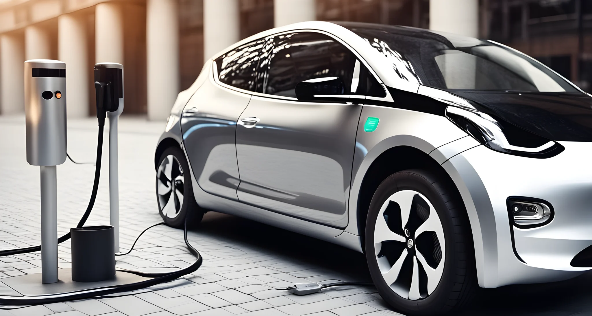The image shows a sleek electric car charging at a station with a plug-in cord.