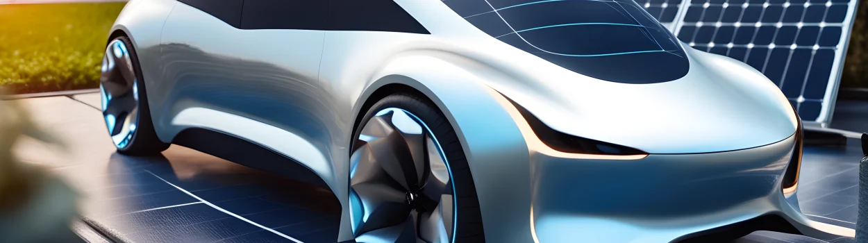 The image shows a sleek electric car with a futuristic design, surrounded by charging stations and solar panels.