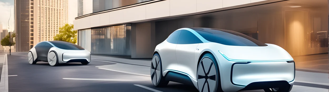 The image shows a sleek electric car with autonomous driving sensors and a charging station in the background.