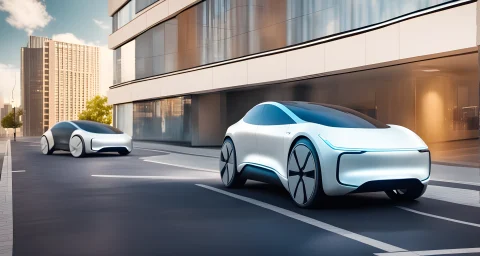 The image shows a sleek electric car with autonomous driving sensors and a charging station in the background.