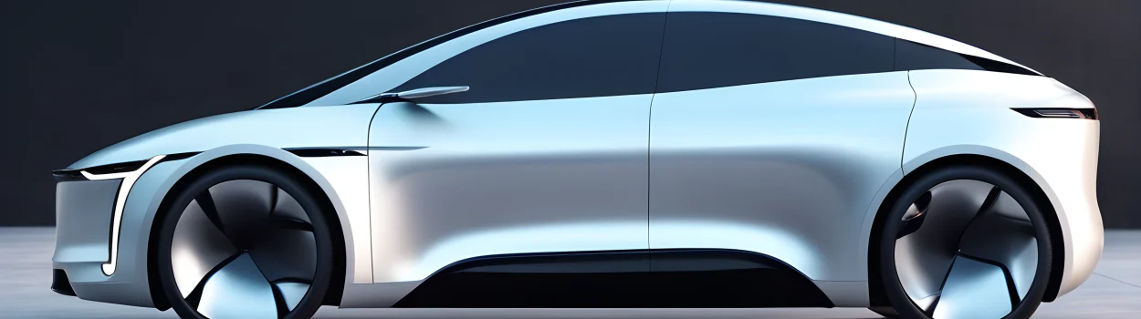 The image shows a sleek electric car with clean lines and a futuristic design.