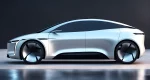 The image shows a sleek electric car with clean lines and a futuristic design.