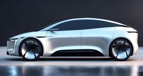 The image shows a sleek electric car with clean lines and a futuristic design.