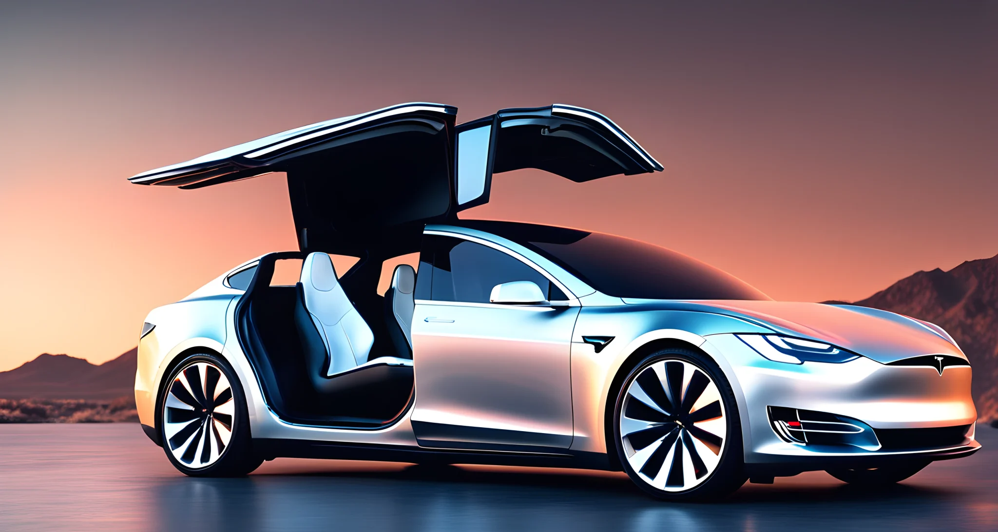 The image shows a sleek, electric Tesla vehicle with advanced autonomous driving features and futuristic interior technology.