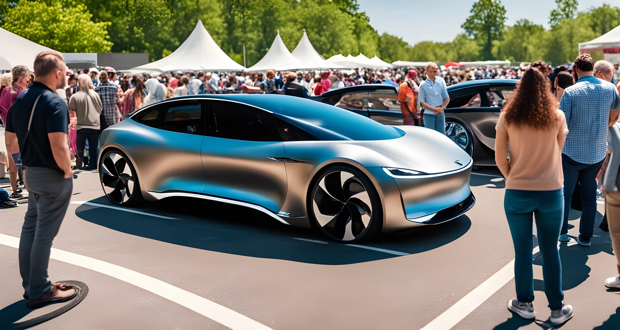 The image shows a sleek electric vehicle parked at an outdoor car show. Several people are gathered around the car, admiring its design and technology.
