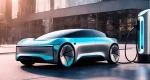 The image shows a sleek electric vehicle with a futuristic design, parked at a charging station.