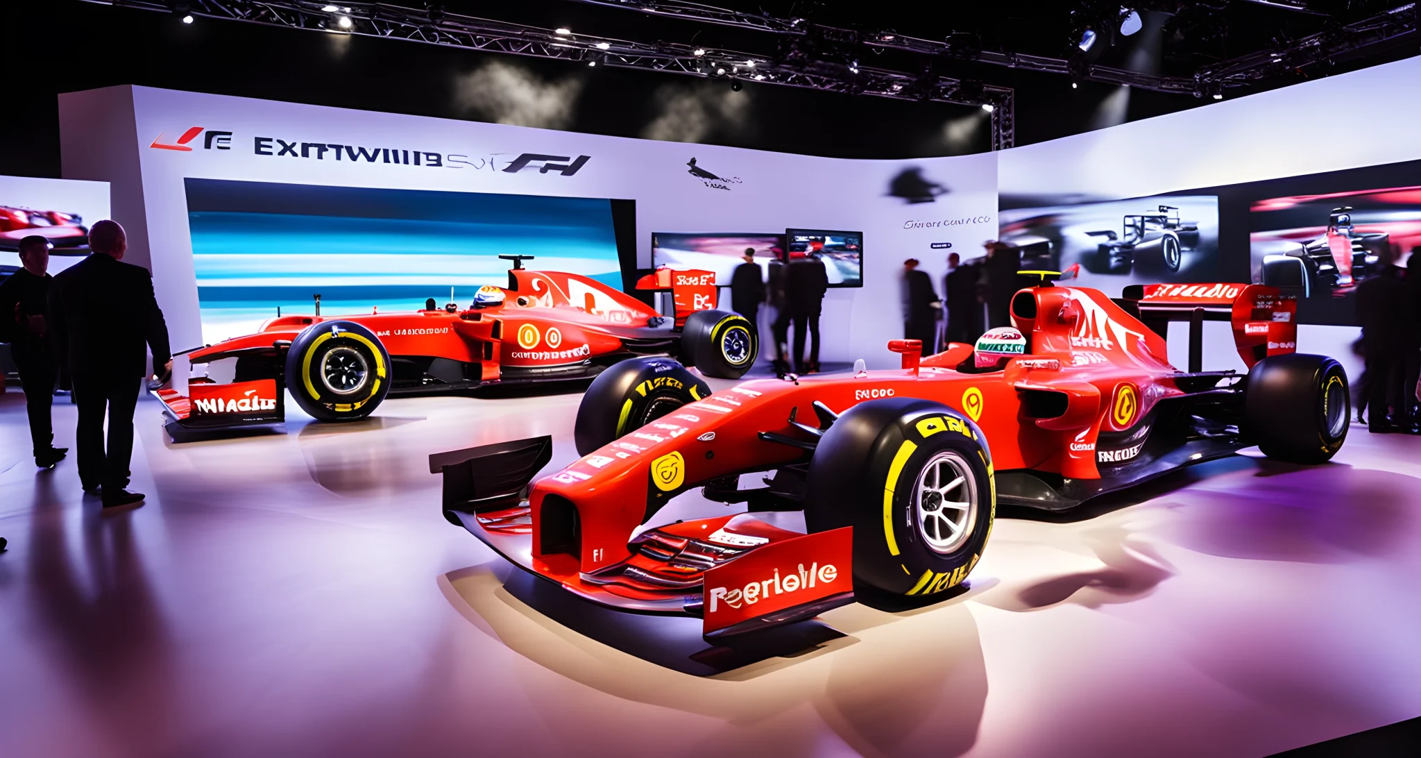 The image shows a sleek F1 car on display at a car show, with large TV screens and cameras surrounding it.