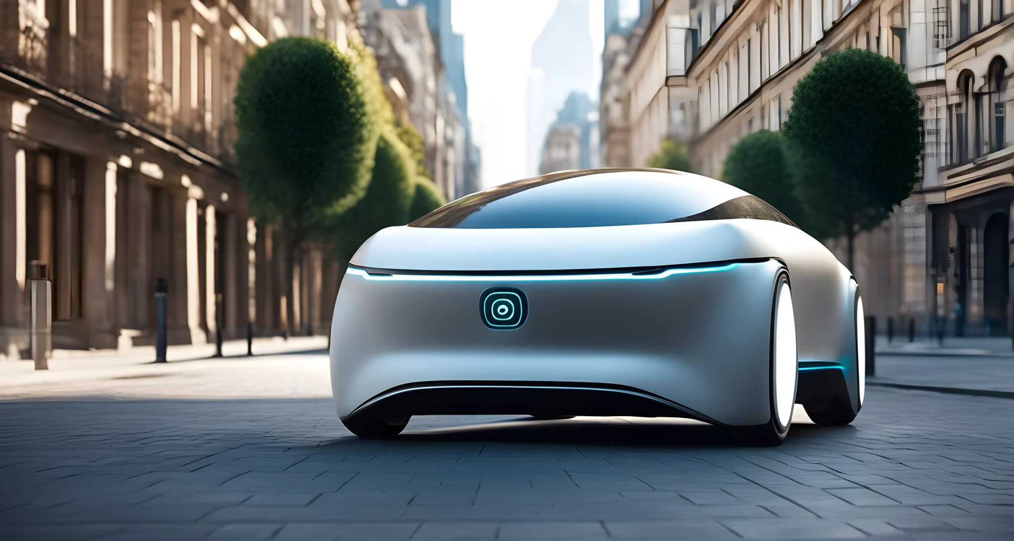 The image shows a sleek, futuristic autonomous electric vehicle on a city street, with advanced sensors and cameras on its exterior.