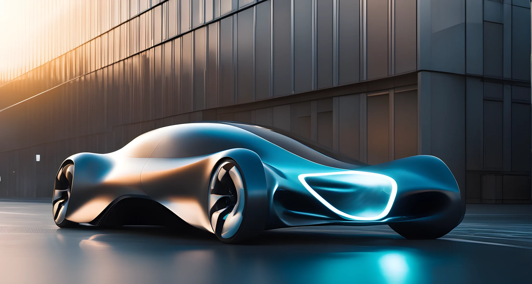 The image shows a sleek, futuristic car prototype with advanced, aerodynamic design. It features innovative technologies and cutting-edge engineering.