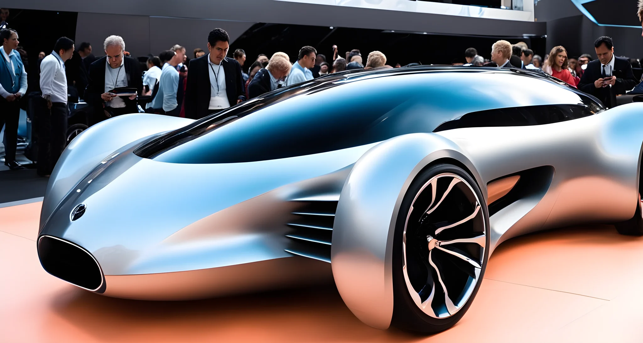 The image shows a sleek, futuristic concept car on display at a car show. Visually striking and cutting-edge design.