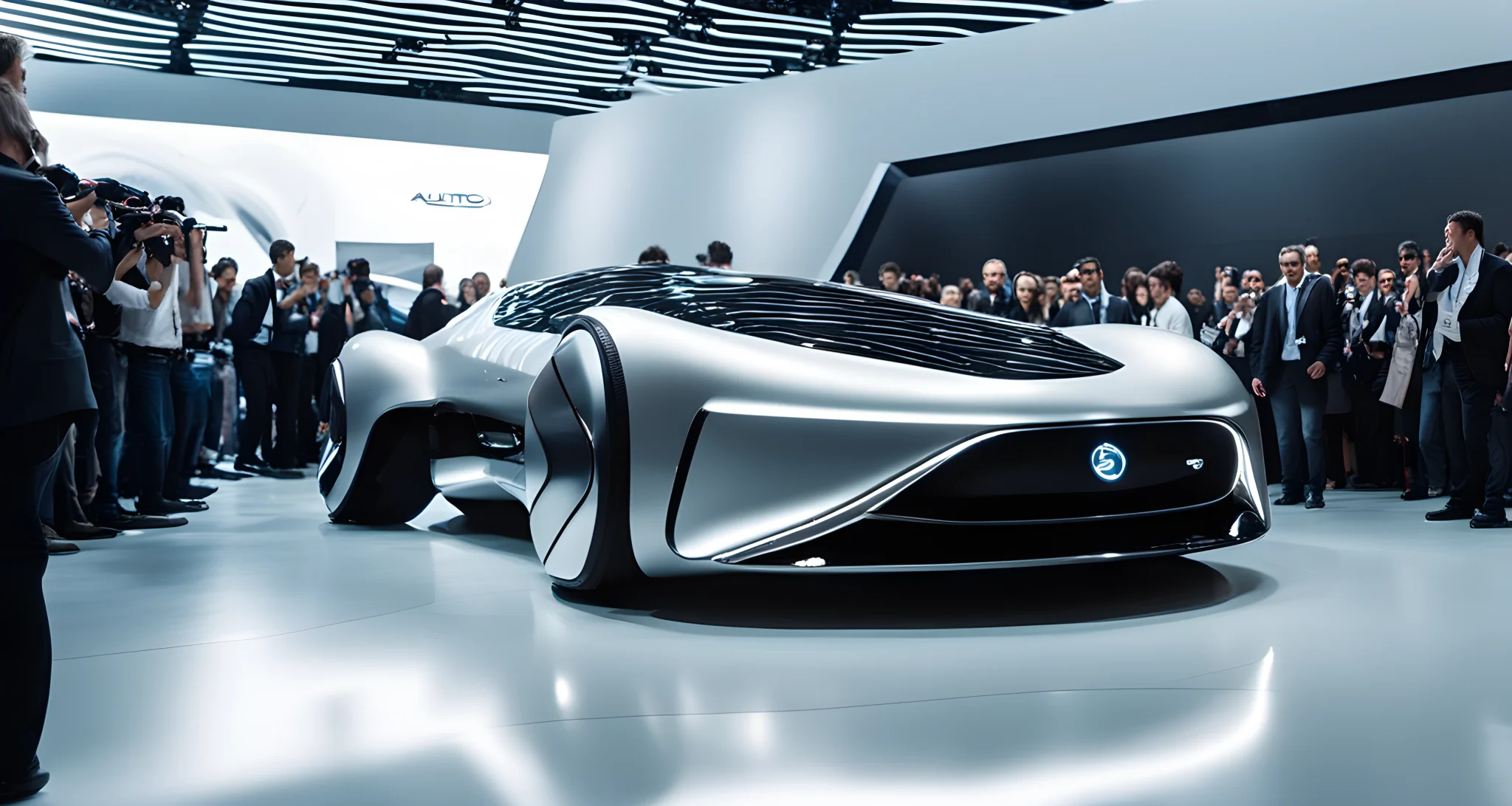 The image shows a sleek, futuristic concept car on display at an auto show, surrounded by a crowd of onlookers and photographers.