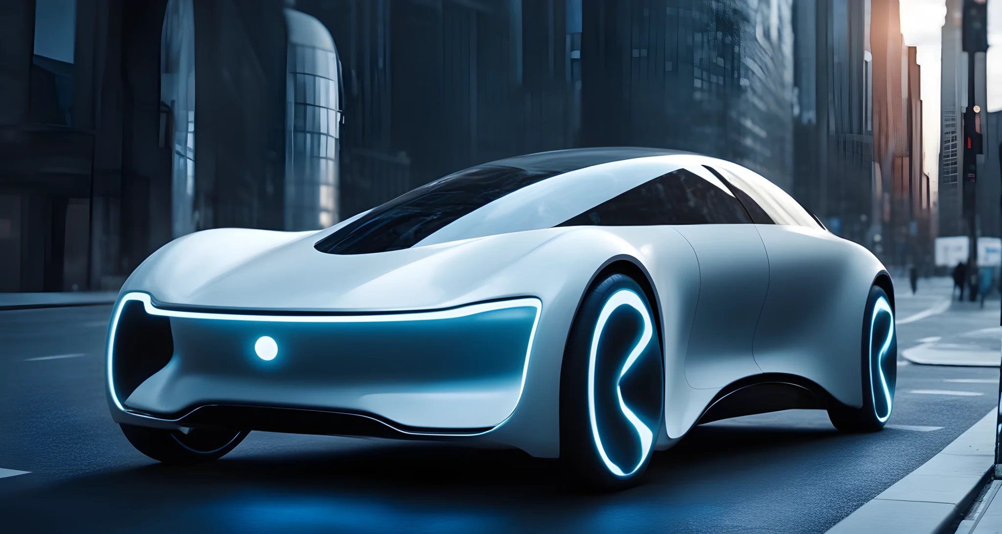 The image shows a sleek, futuristic electric car with autonomous driving capabilities.