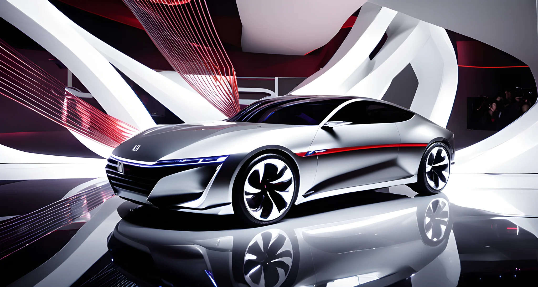 The image shows a sleek, futuristic Honda Prelude concept car on display at the unveiling event.