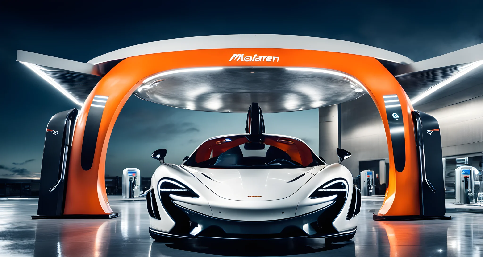 The image shows a sleek, futuristic McLaren sports car with the brand's logo prominently displayed on the front grille. The car is parked in a high-tech fueling station with various alternative fuels available for refueling.