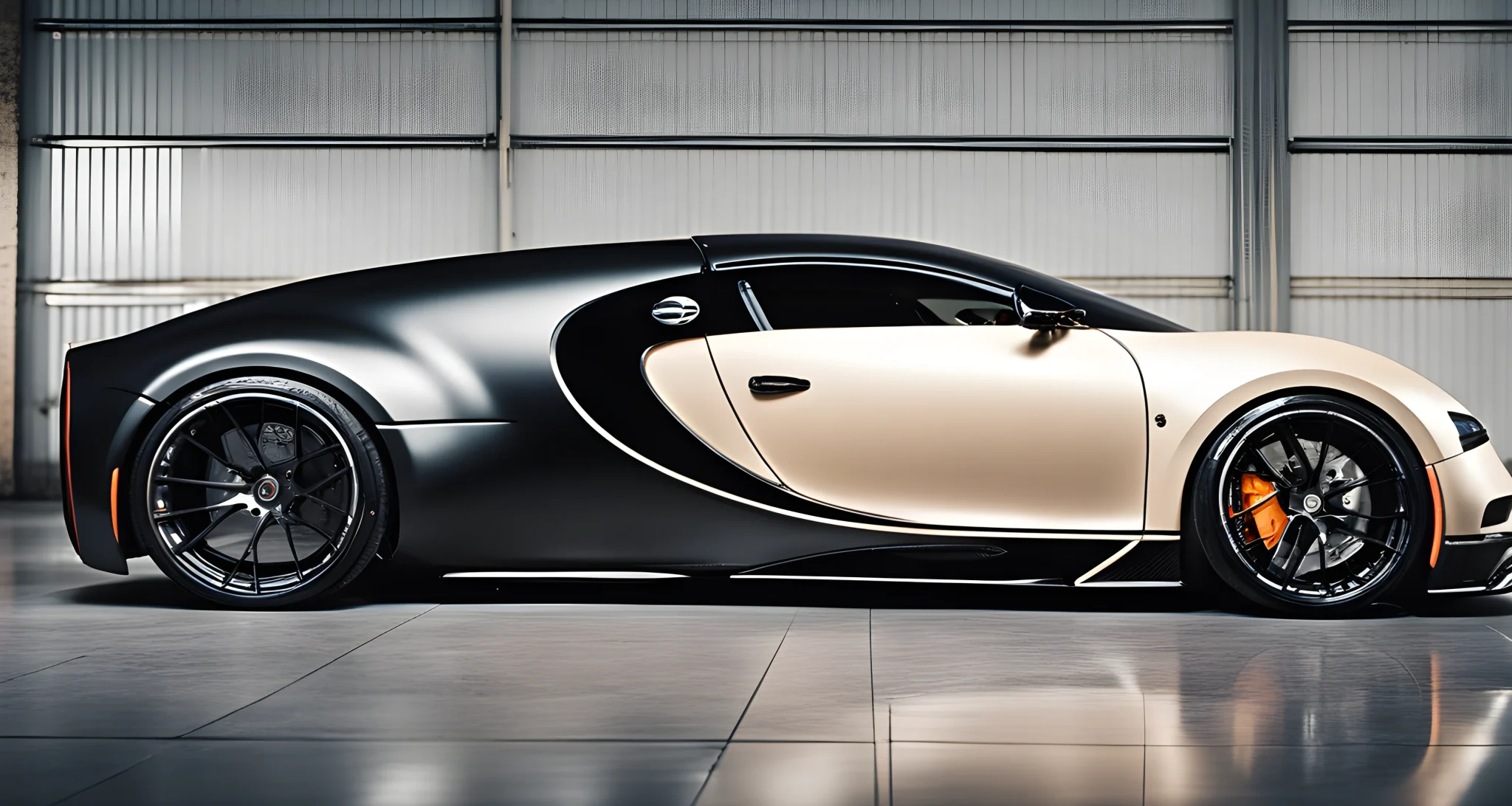 The image shows a sleek, high-performance Bugatti sports car with customized aerodynamic body kit, upgraded exhaust system, and larger alloy wheels.