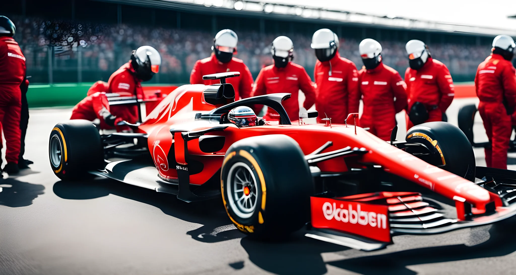 The image shows a sleek, high-performance Formula One racing car on a racetrack, surrounded by a team of mechanics and engineers.