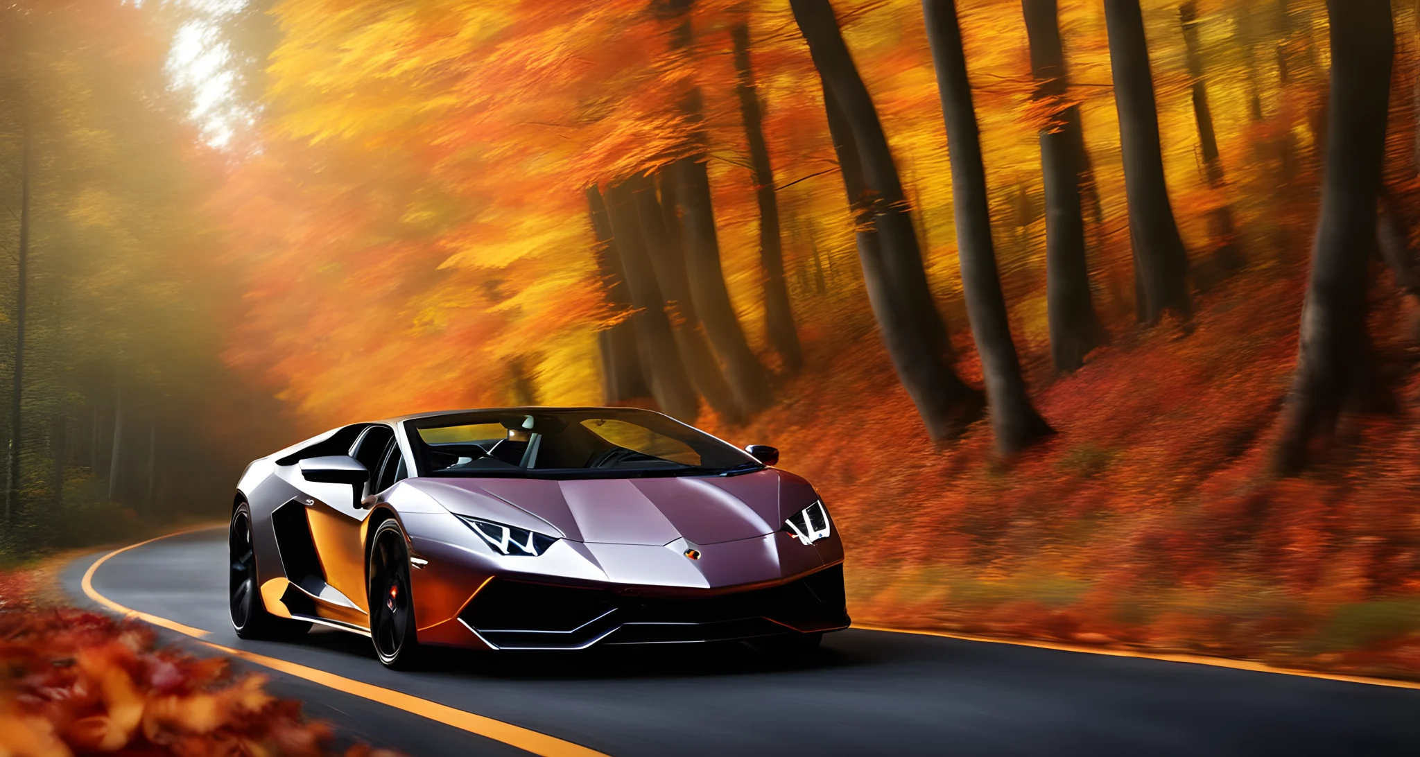 The image shows a sleek Lamborghini driving on a winding road surrounded by colorful autumn foliage.