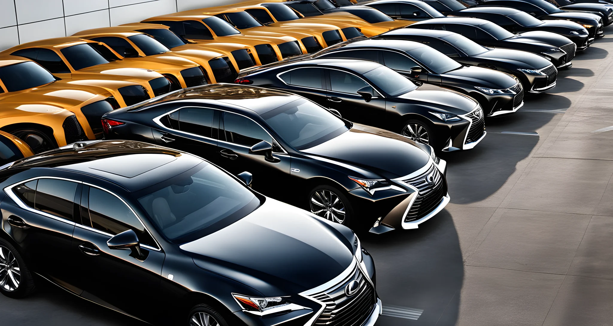 The image shows a sleek Lexus sedan parked next to a lineup of other car brands.