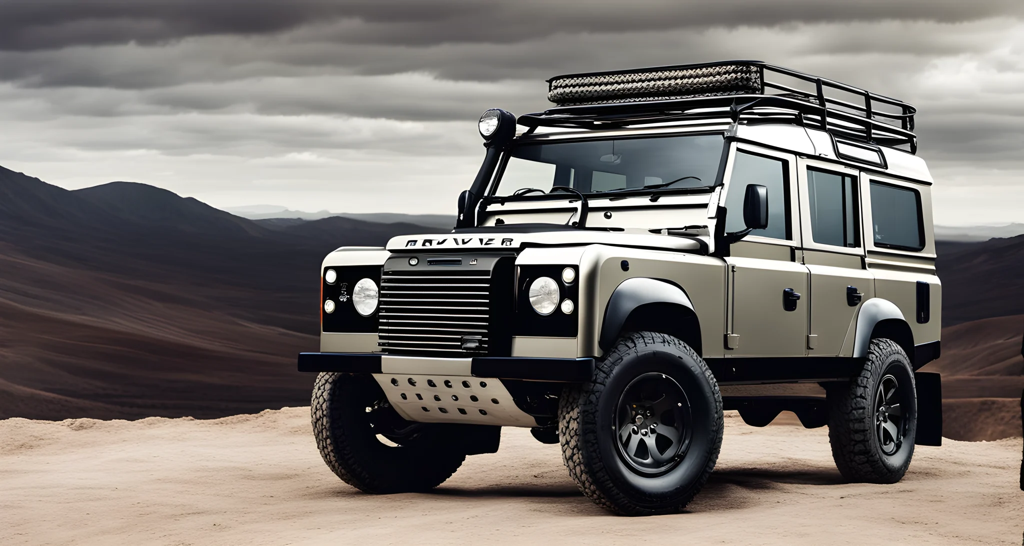 The image shows a sleek, luxury Land Rover vehicle with a powerful engine and off-road capabilities.