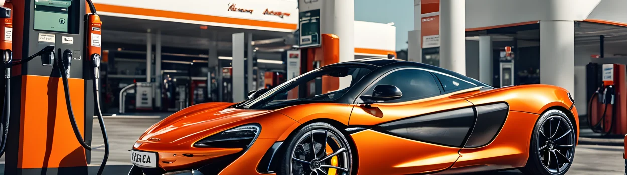 The image shows a sleek McLaren sports car at a gas station, being filled with alternative fuel.