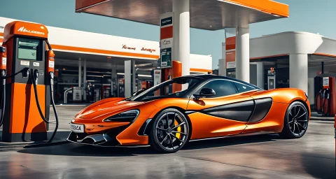 The image shows a sleek McLaren sports car at a gas station, being filled with alternative fuel.