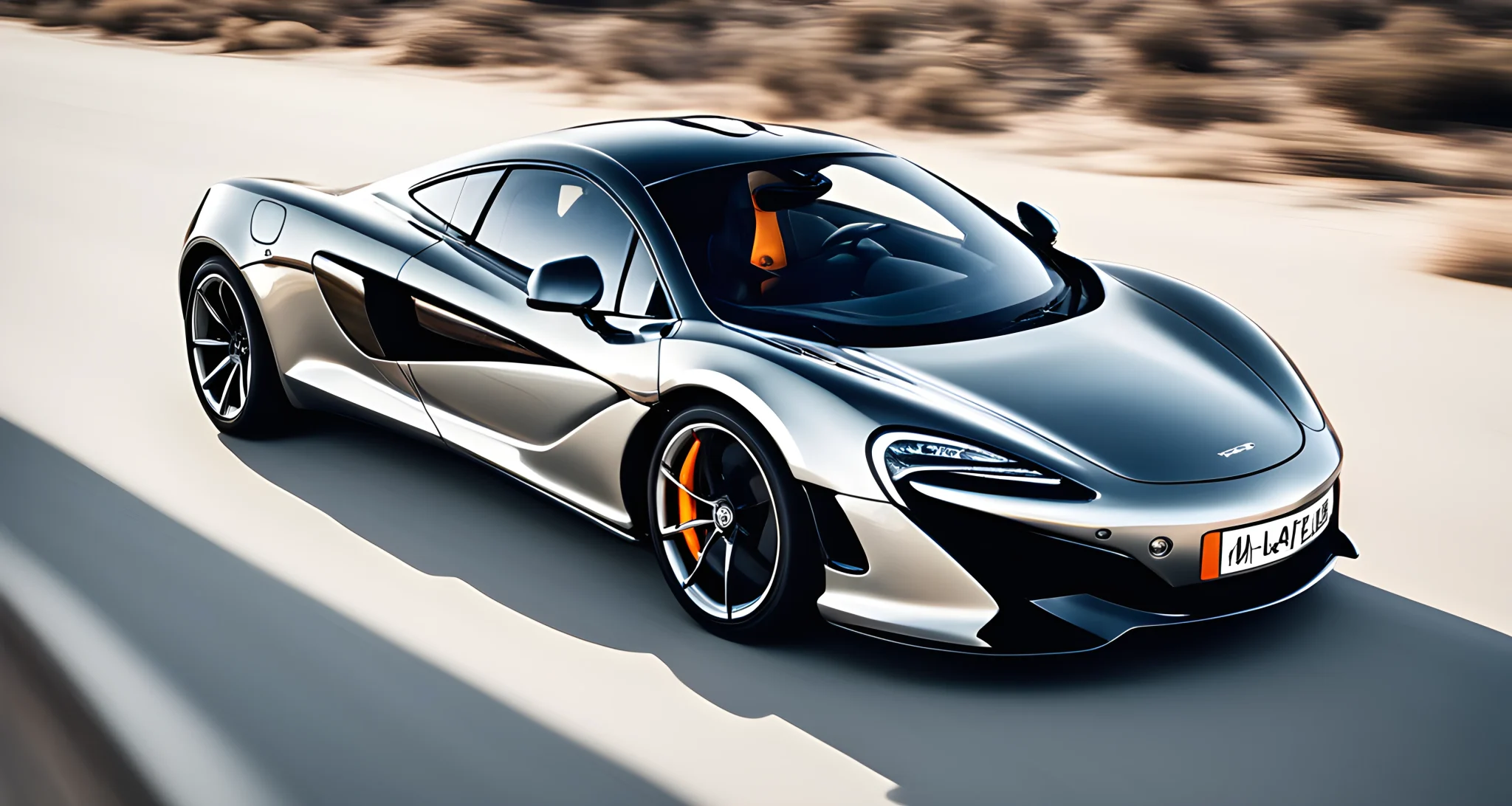 The image shows a sleek McLaren sports car fueled by alternative fuels, with a prominent fuel efficiency gauge displayed on the dashboard.