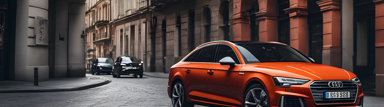 The image shows a sleek, modern Audi car parked in a city street.