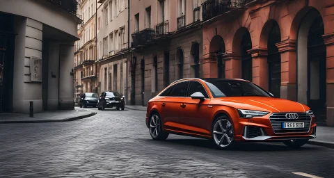 The image shows a sleek, modern Audi car parked in a city street.