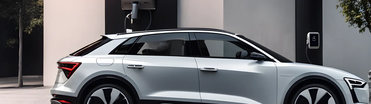 The image shows a sleek, modern Audi electric car parked next to a charging station.