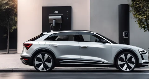 The image shows a sleek, modern Audi electric car parked next to a charging station.