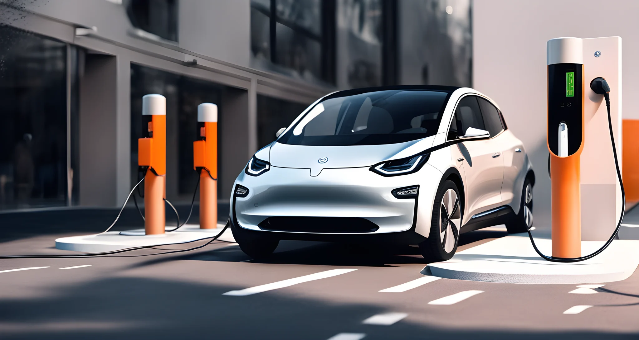 The image shows a sleek, modern electric car being charged at a charging station.