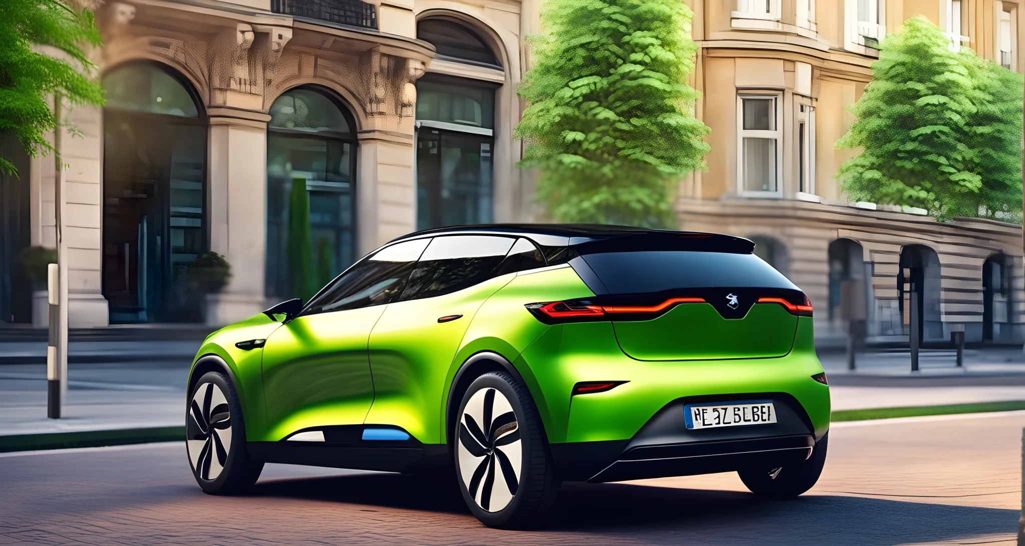 The image shows a sleek, modern electric car on a city street, surrounded by charging stations and greenery.