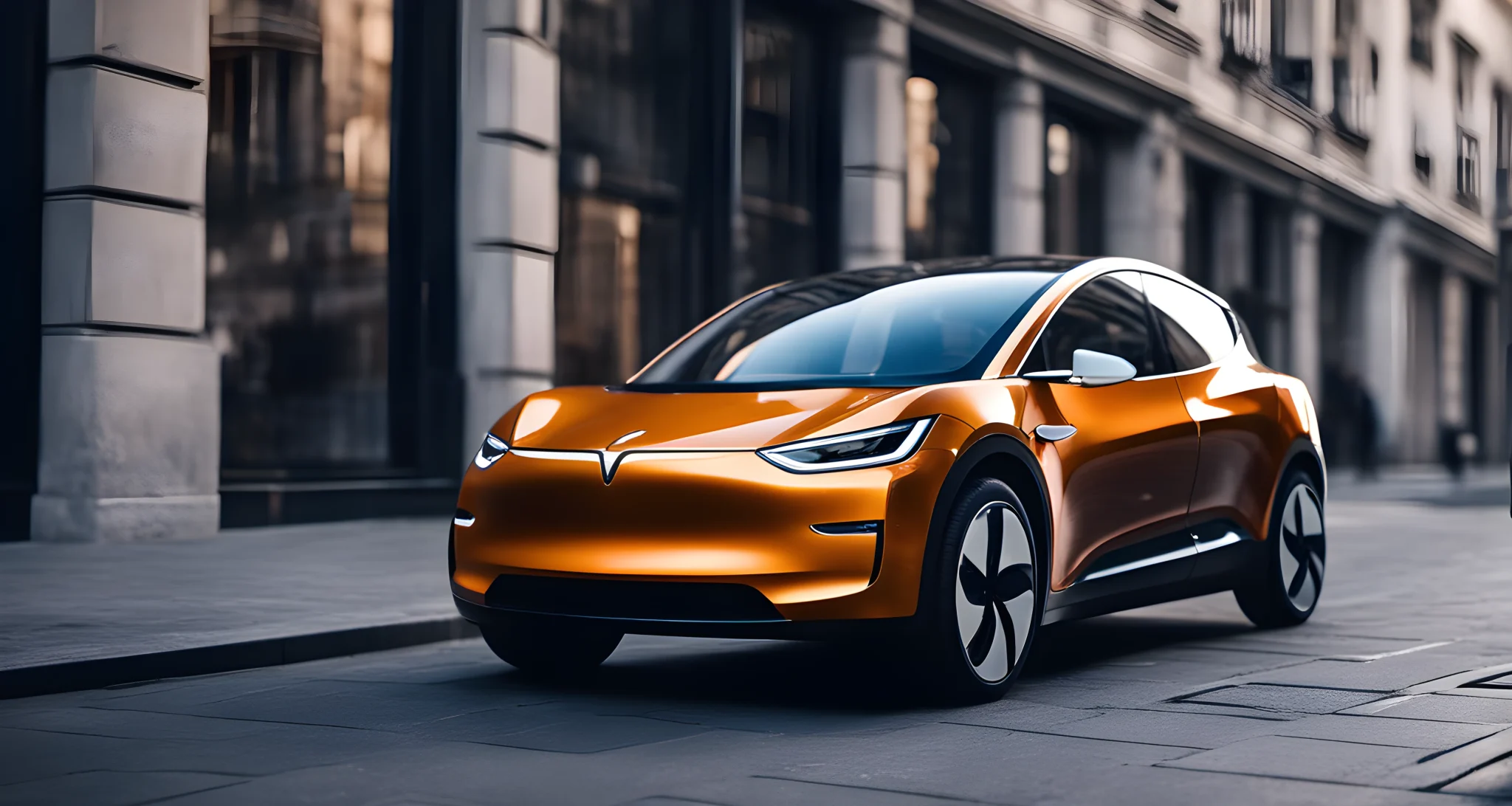 The image shows a sleek, modern electric car with a charging station in the background.