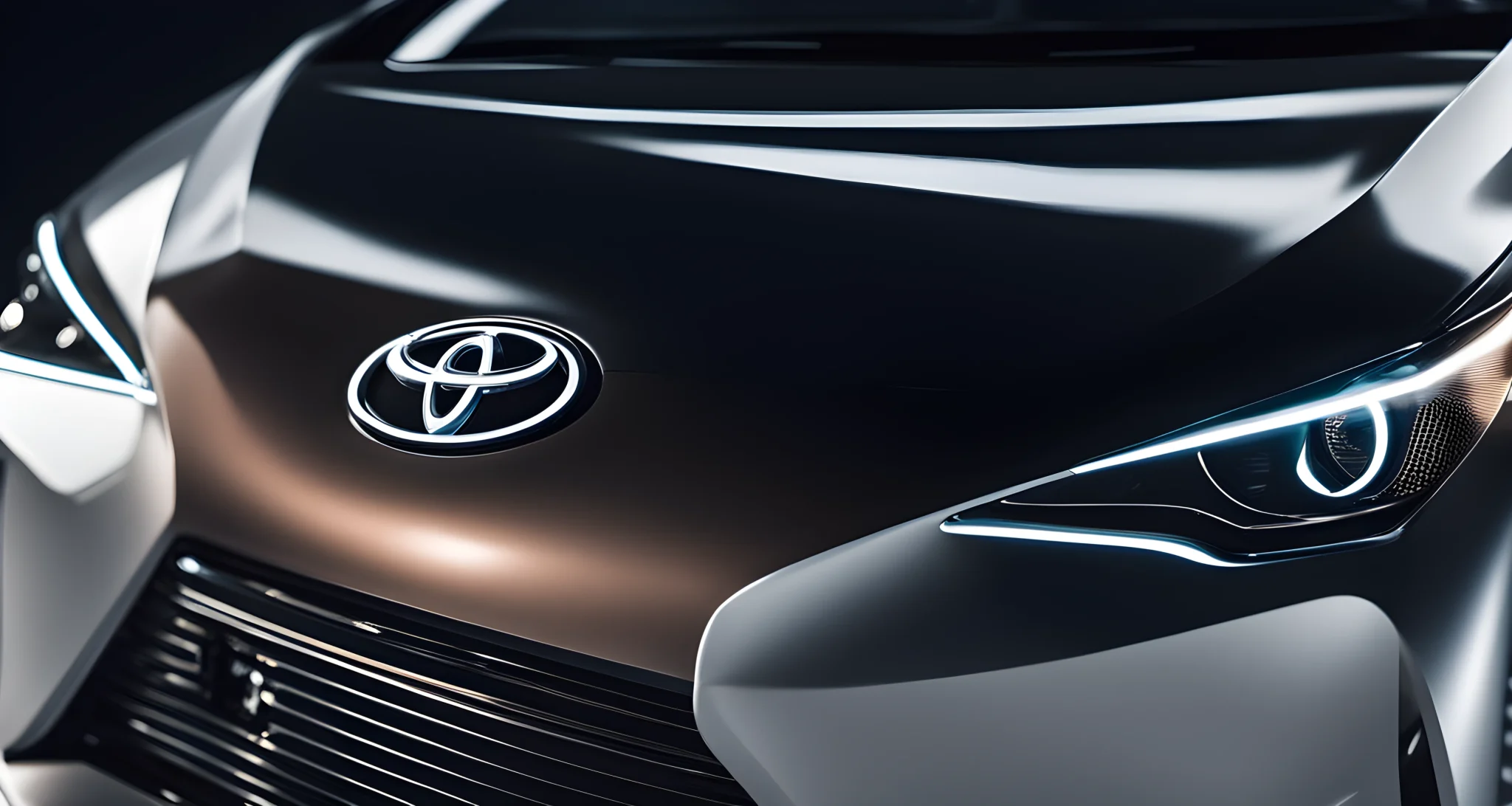 The image shows a sleek, modern electric car with the Toyota logo prominently displayed on the front grille.