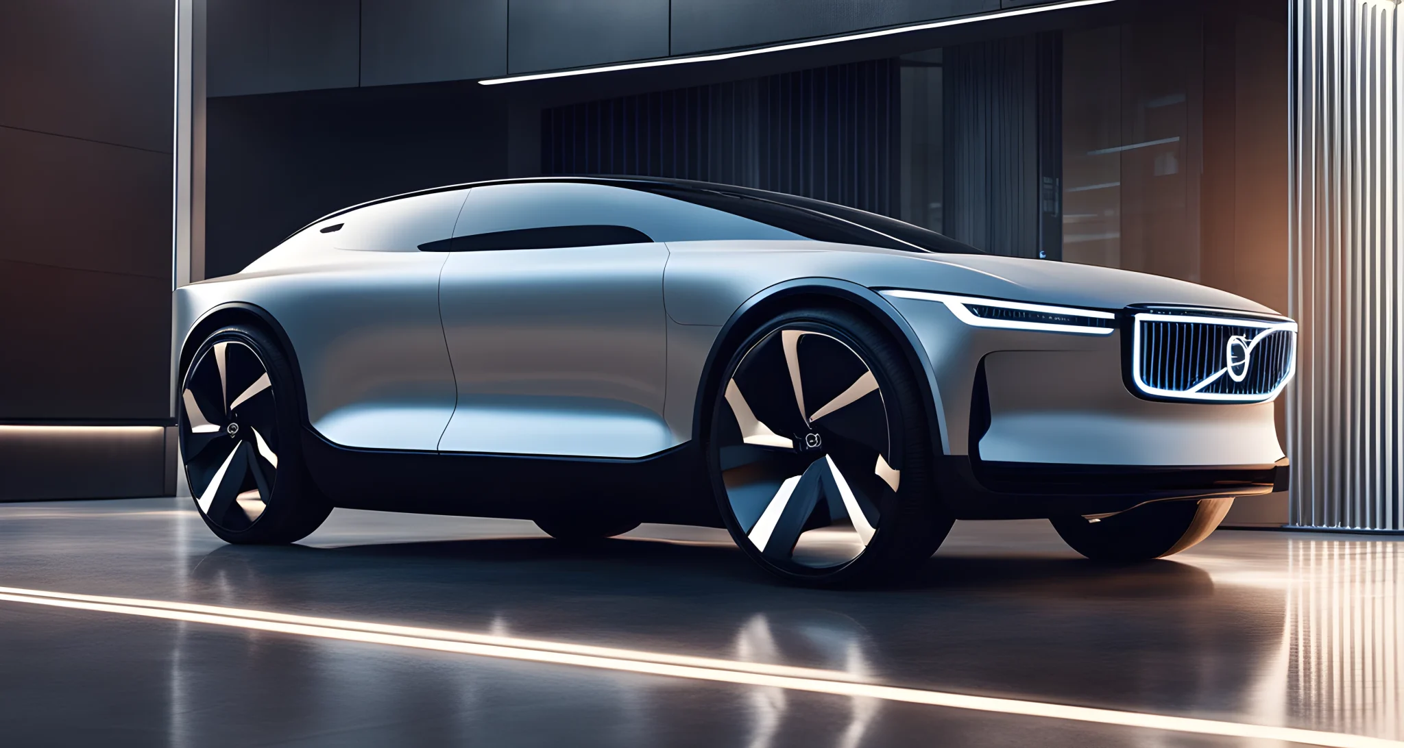 The image shows a sleek, modern electric vehicle with the Volvo logo displayed prominently on the front grille. The car is parked in a futuristic, high-tech charging station.