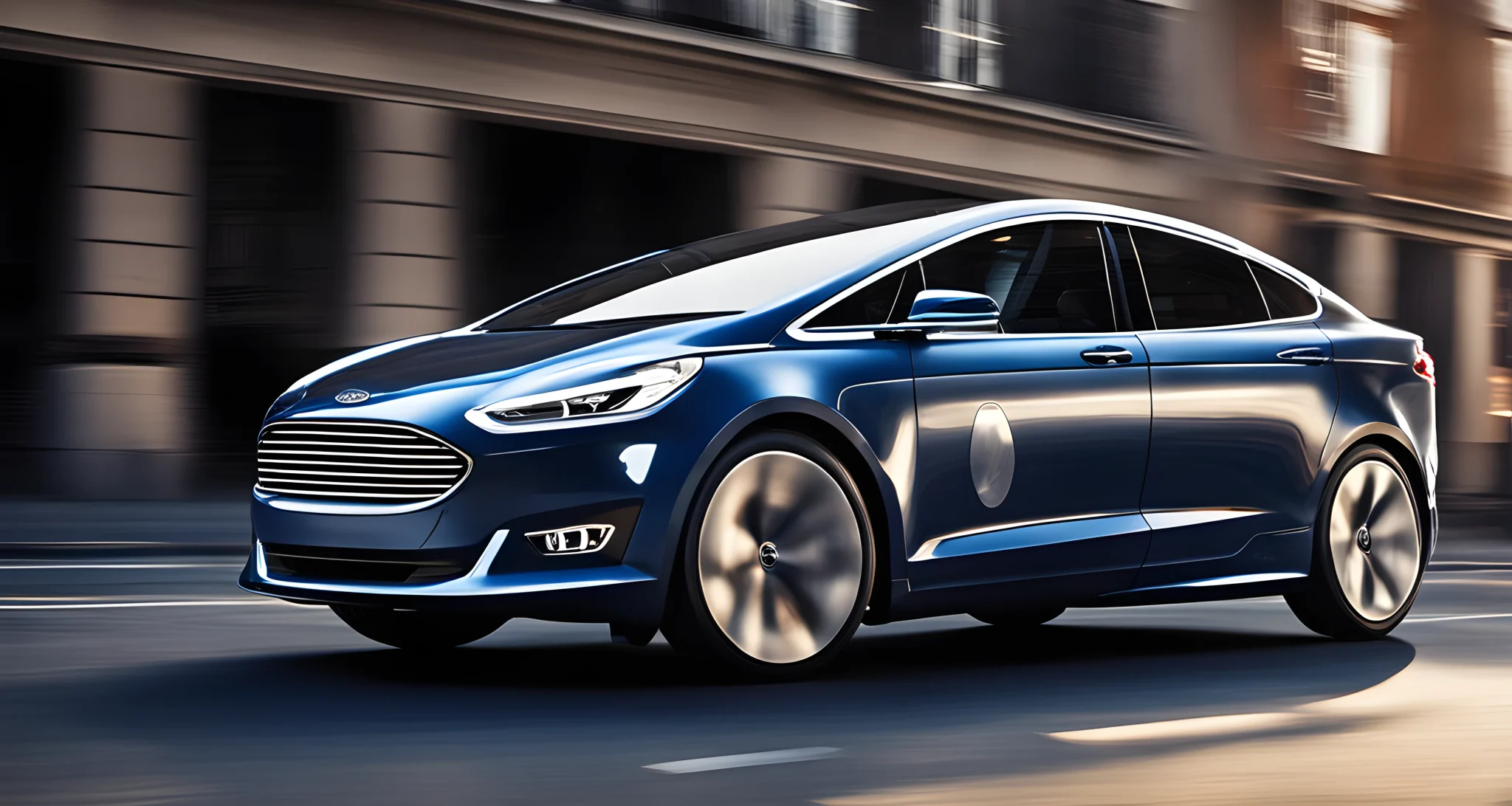 The image shows a sleek, modern electric vehicle with the Ford logo prominently displayed on the front grille.