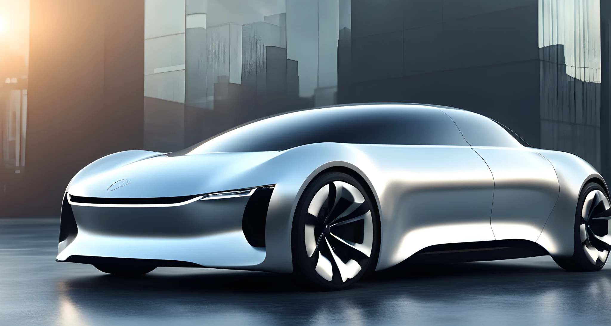 The image shows a sleek, modern hybrid car with futuristic design and advanced technology features.