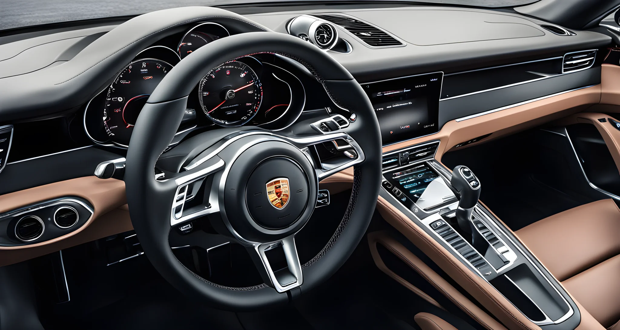 The image shows a sleek, modern Porsche vehicle dashboard with a large touchscreen display and integrated digital controls.