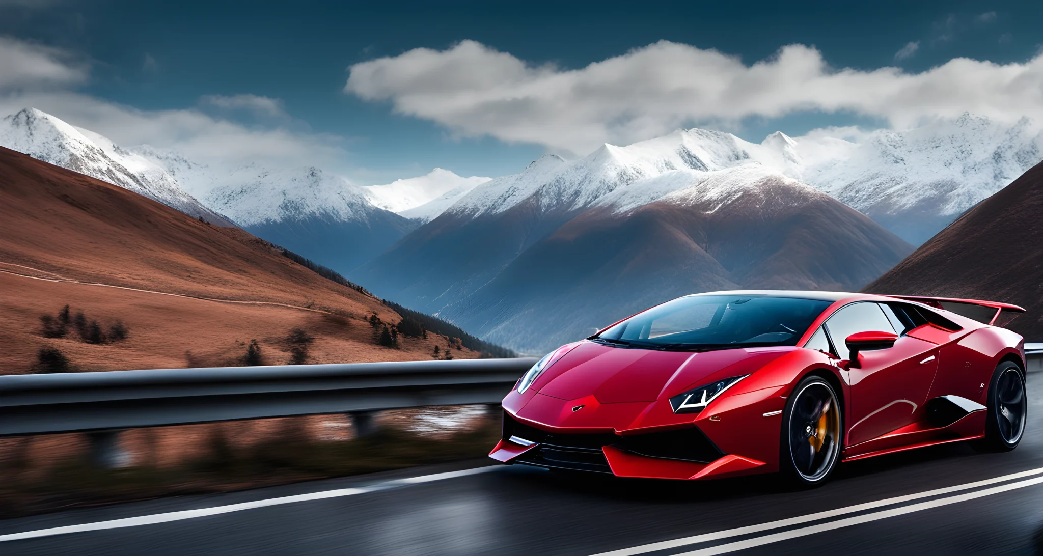 The image shows a sleek, red Lamborghini speeding along a winding mountain road, with a picturesque backdrop of sprawling valleys and snow-capped peaks.